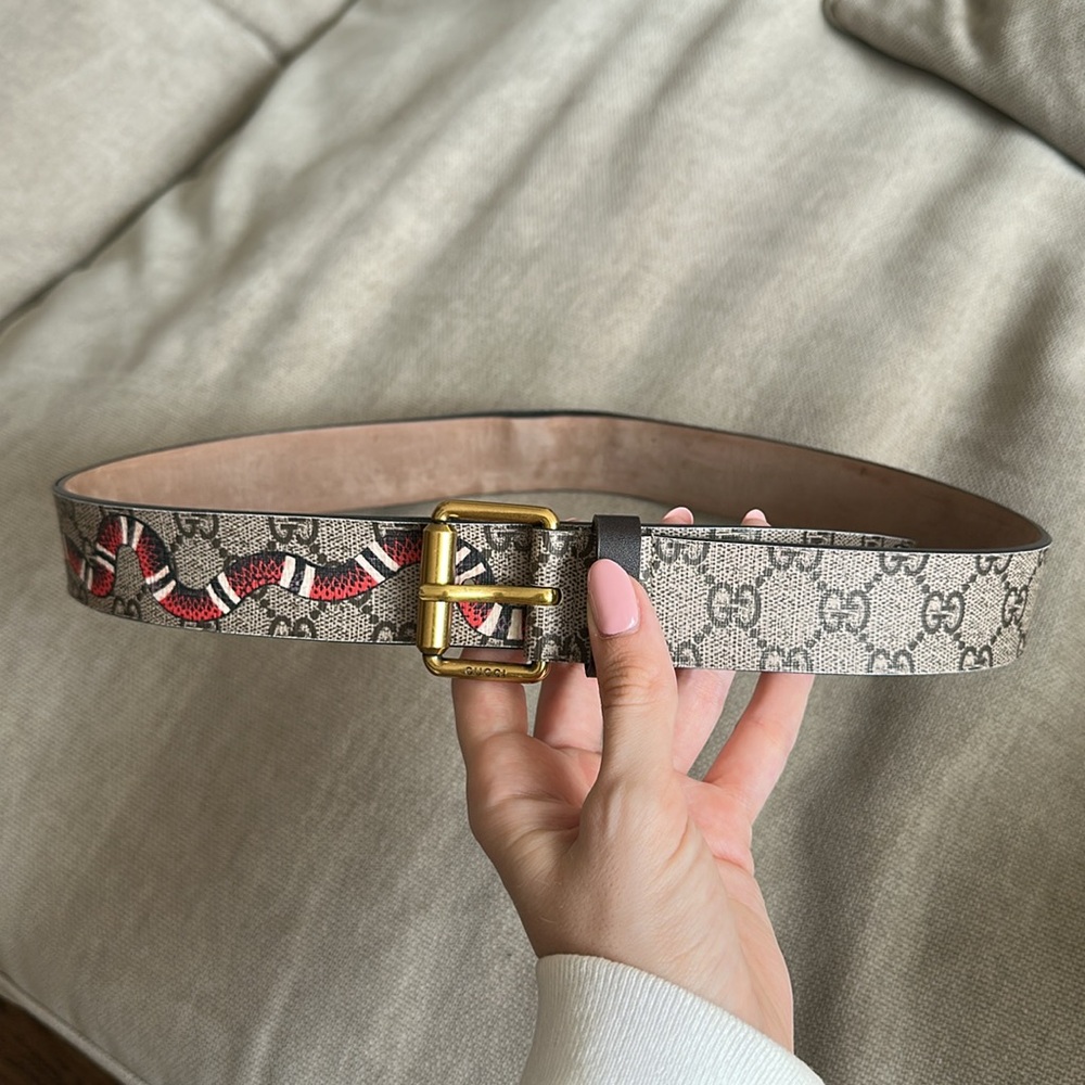 Gucci Beige Monogram Snake Belt with Gold Buckle